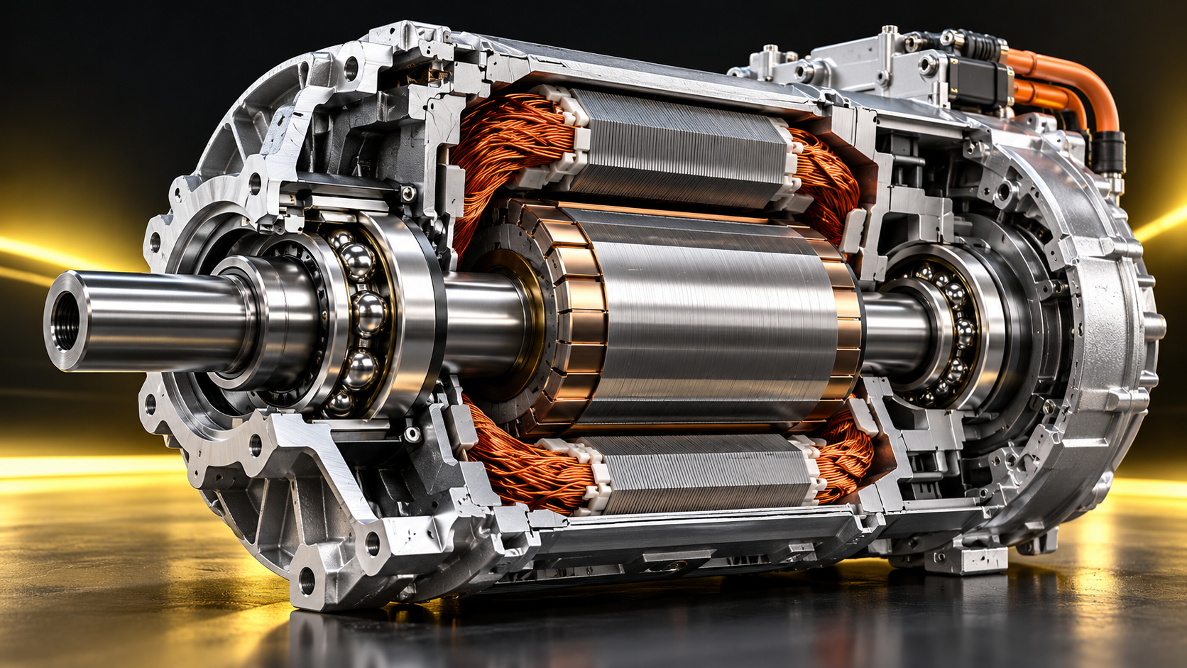 EV traction motor cutaway showing precision ball bearings, rotor shaft, copper windings and electric motor components.
